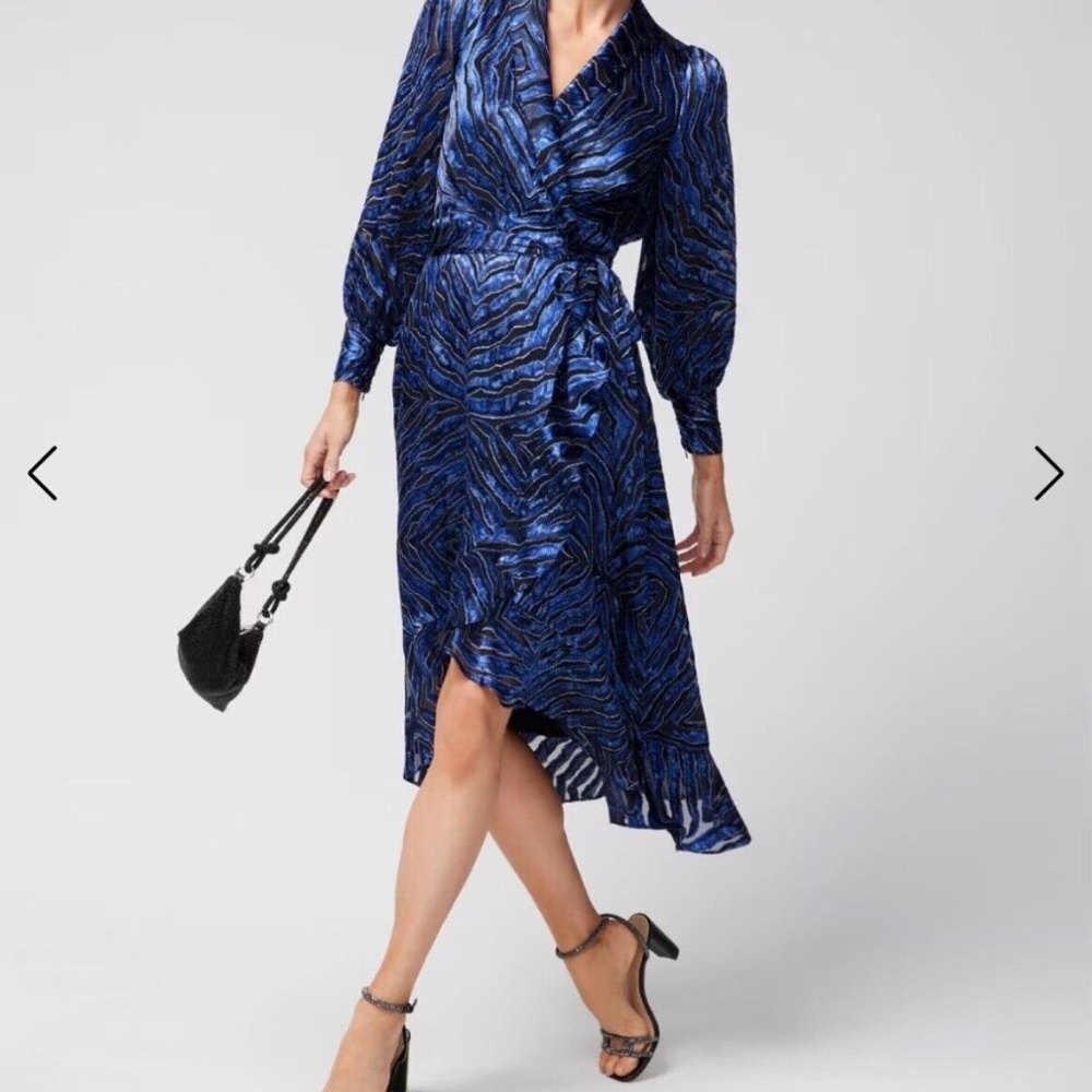 NWTs White House Black Market Long Sleeve Silk Burnout Wrap Dress blue black